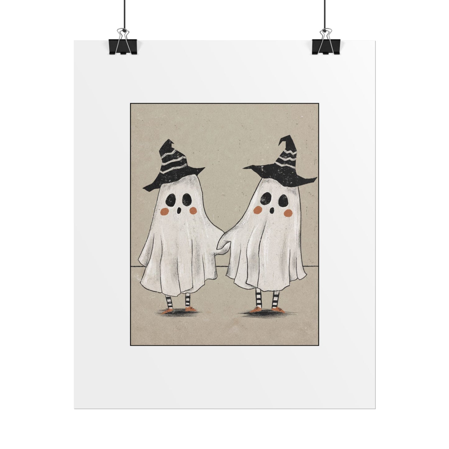 Two Ghosts Holding Hands Rolled Poster | Whimsical Halloween Wall Art